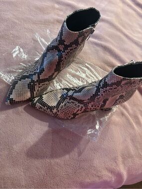Marc Fisher Pink and Black Snake-Print Pointed Ankle Booties